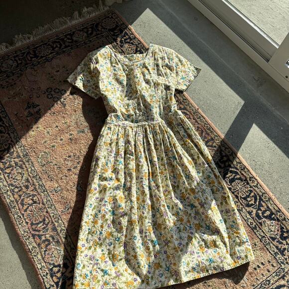 Women's Medium Dress Yellow Cotton Micro Floral Vintage Summer - Picture 2 of 5